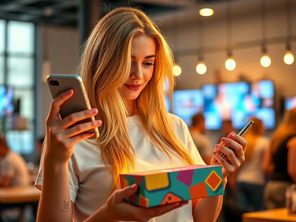 A vibrant image showcasing a person excitedly unboxing a trending tech gadget, with social media logos subtly displayed in the background.
