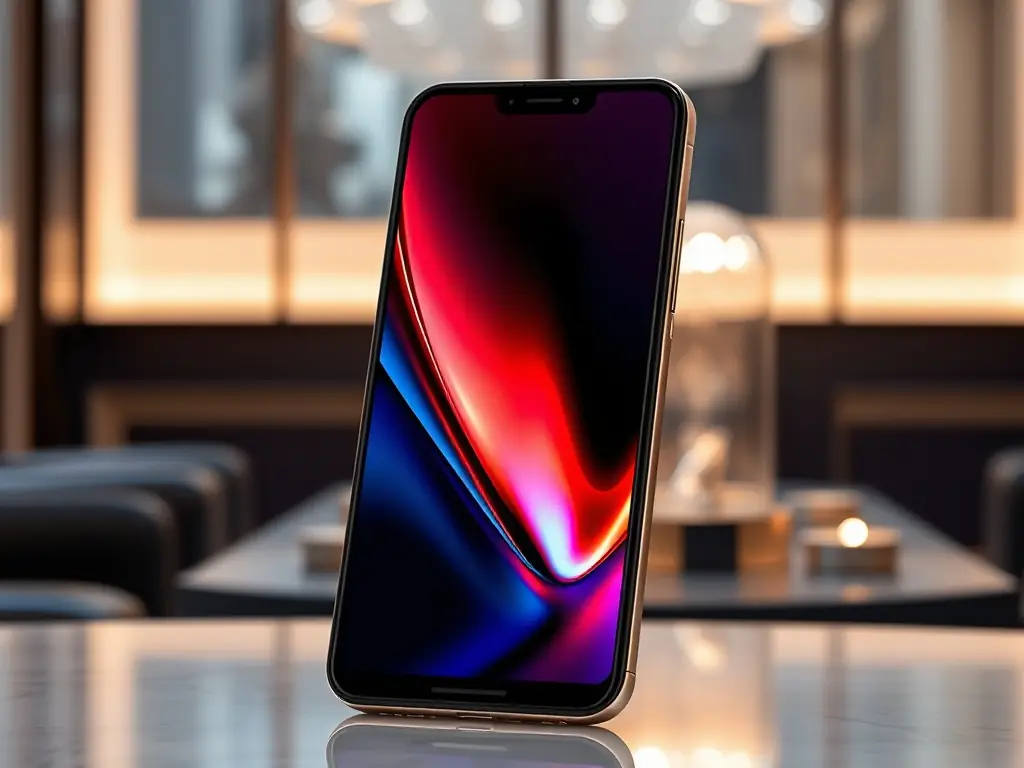 A visually striking advertisement for a high-end smartphone, showcasing its sleek design and advanced features, set against a modern, minimalist background.