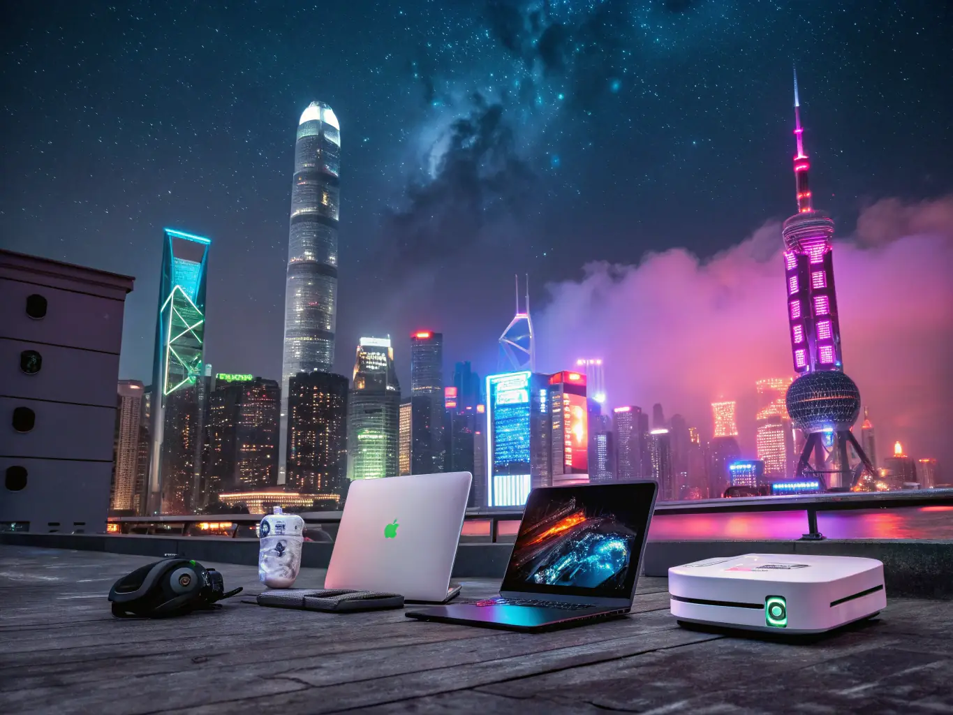 A visually striking advertisement for high-end electronics, featuring a sleek smartphone and a modern laptop, set against a backdrop of a futuristic cityscape. The image should convey innovation and technological advancement.