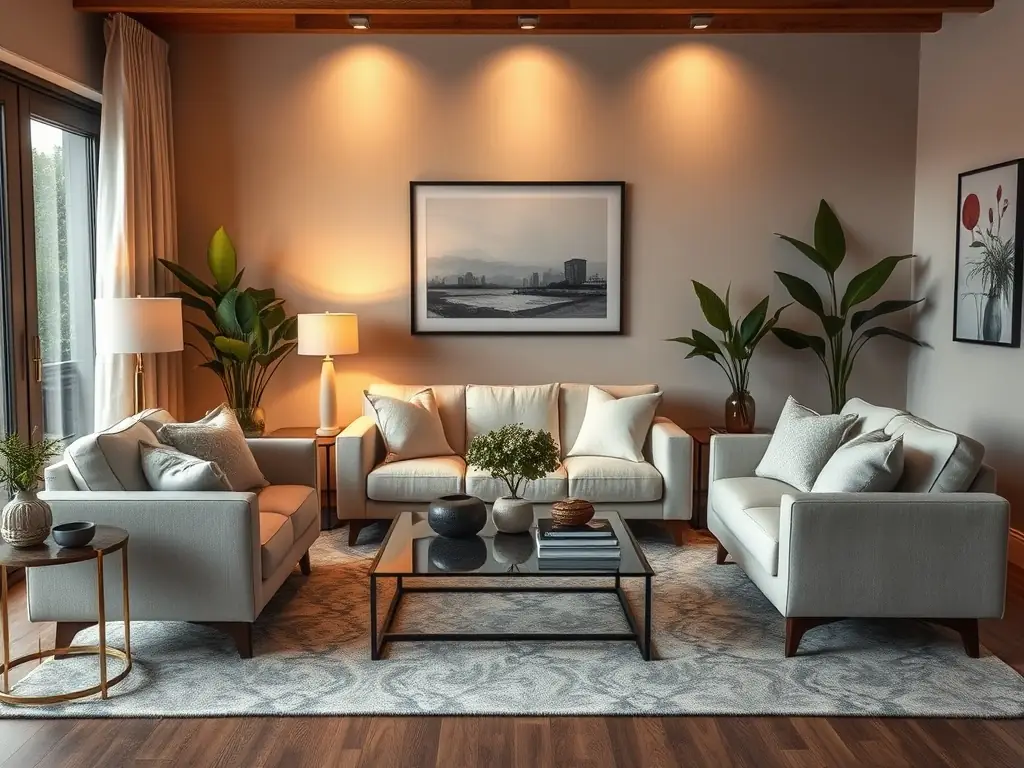 A cozy and inviting advertisement for home decor products, featuring a beautifully decorated living room with warm lighting and comfortable furniture.