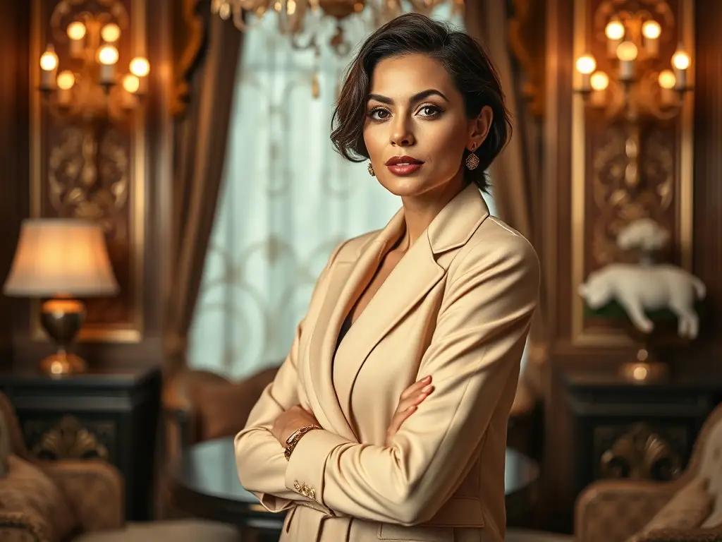 An elegant advertisement for women's fashion, featuring a model wearing a stylish dress and accessories, set against a backdrop of a high-end boutique. The image should convey sophistication and style.