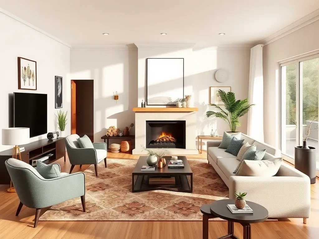 A cozy advertisement for home essentials, featuring a comfortable living room with stylish furniture and decor, set against a backdrop of a warm and inviting home. The image should convey comfort and relaxation.